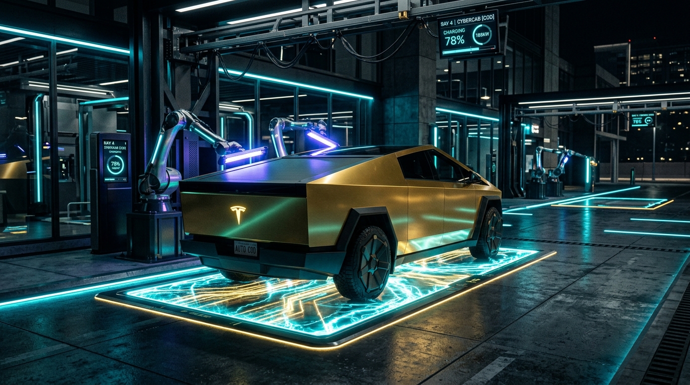 Autonomous Cybercab on glowing inductive wireless charging pad with robotic sanitization arms