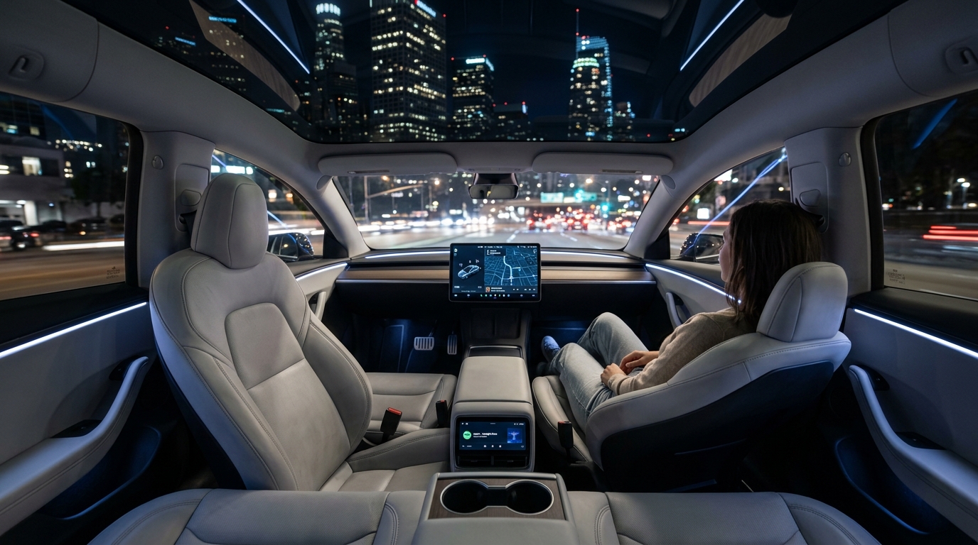 Interior view of Tesla Cybercab with autonomous display and no steering wheel